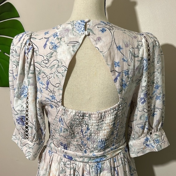 Express Floral Linen-Blend Puff Shoulder Tie Waist Romper Sz. M - Picture 11 of 15